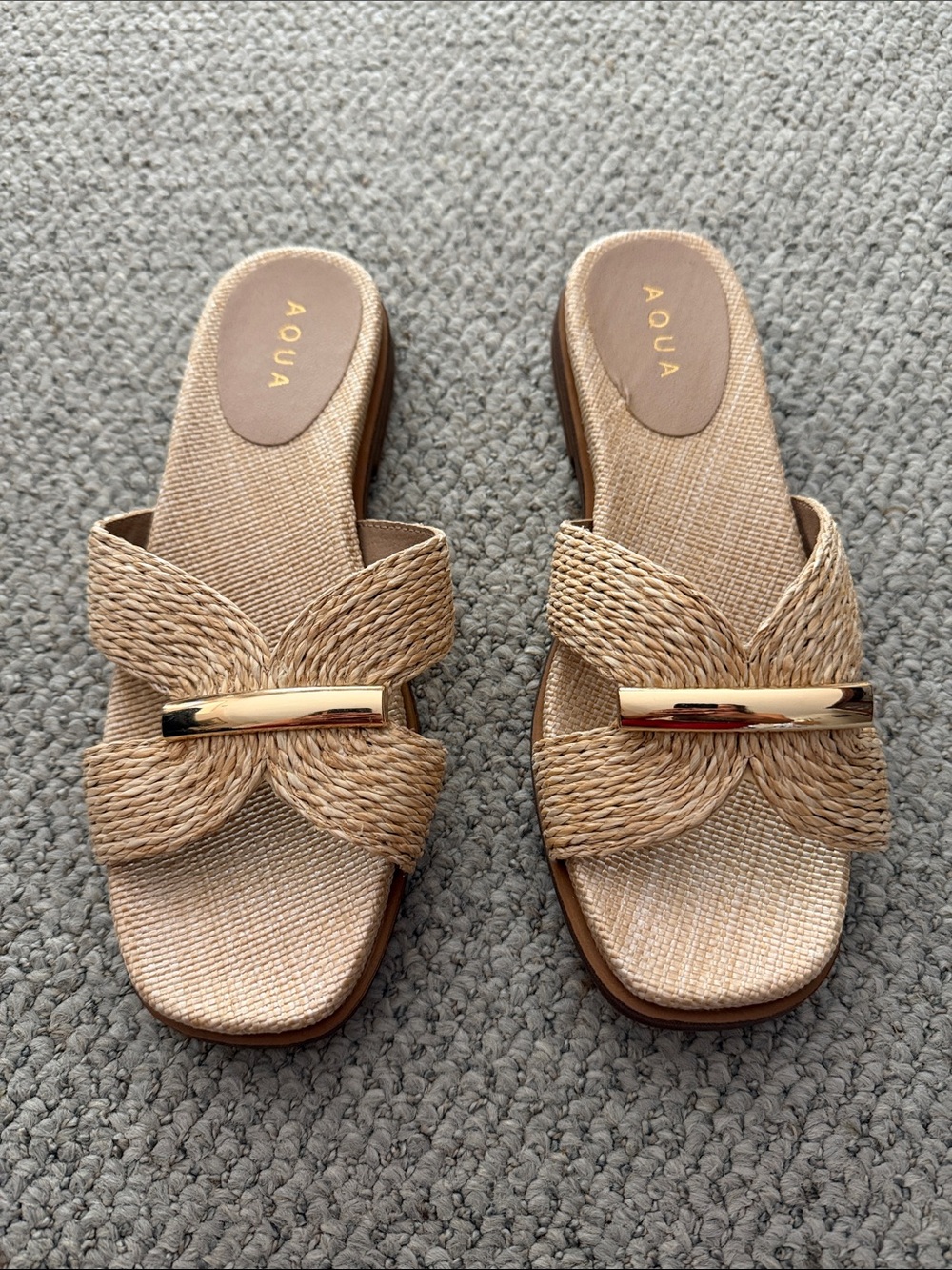 Aqua Braided Tan Slide Sandals with Gold Bar Accent